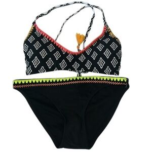 Xhilaration black and white embroidered edge bikini swim top bottom set S XS